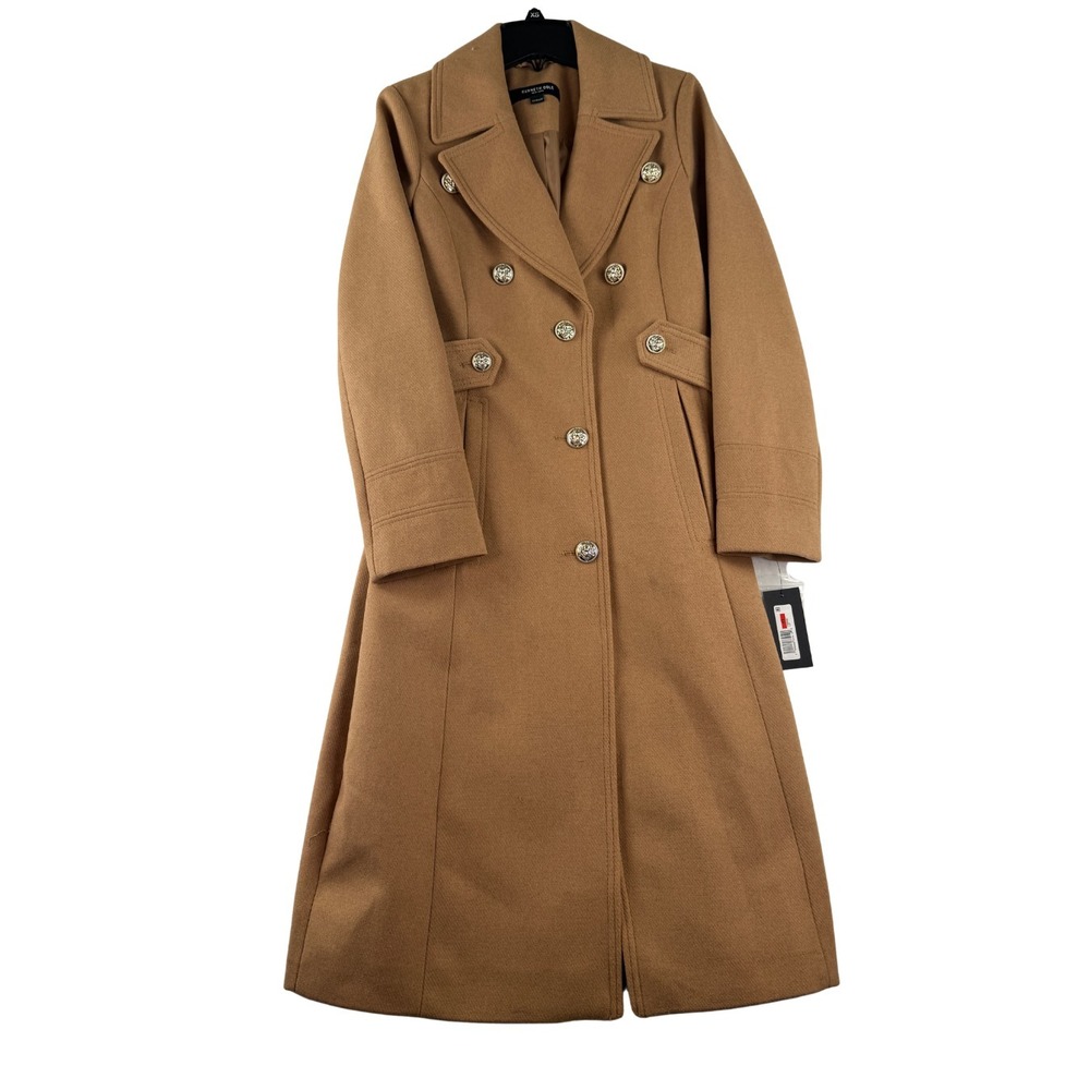 Kenneth Cole Women's XS Camel Wool Blend Long Military Coat Double Breasted